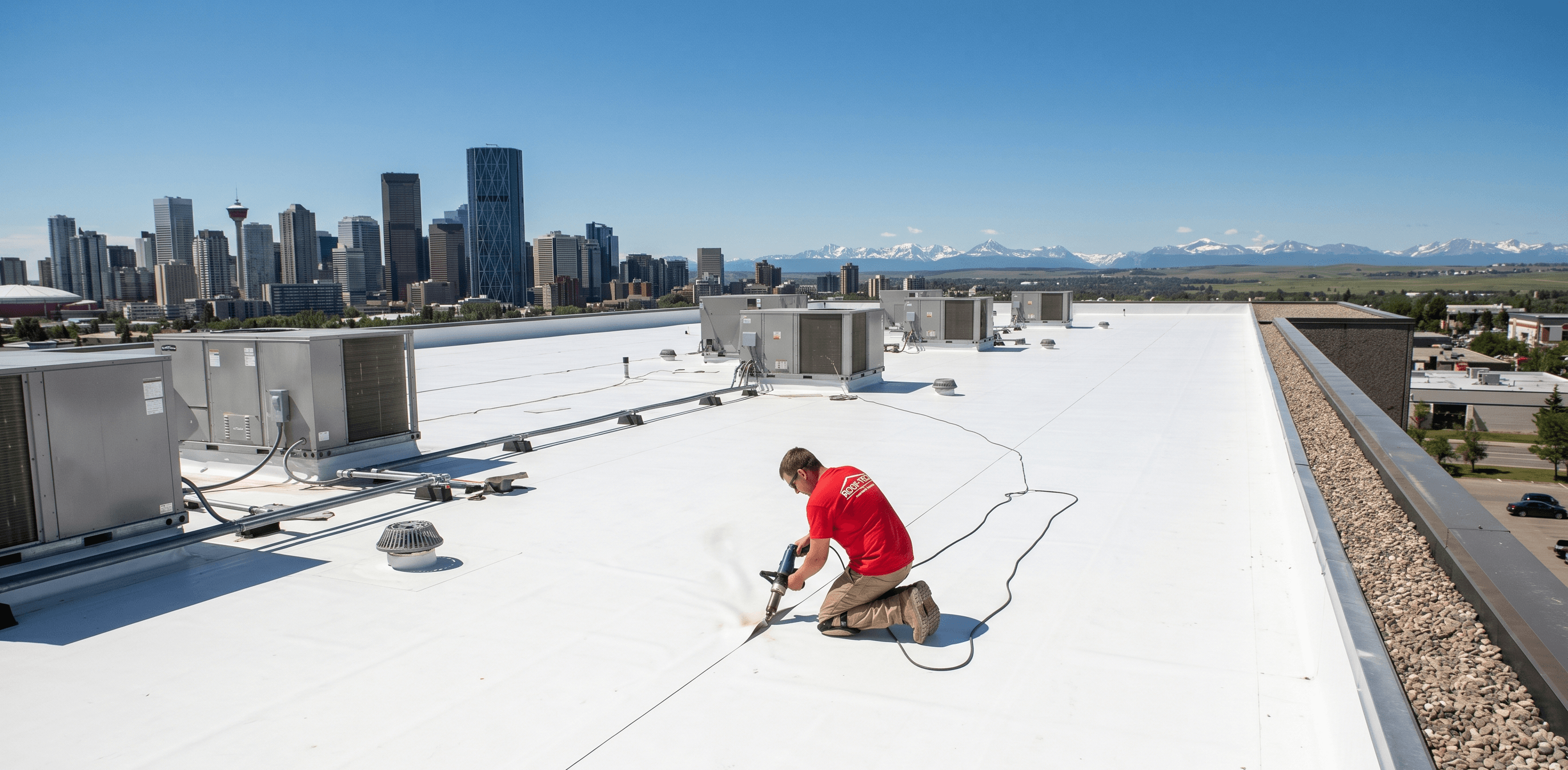 Worker heat-welding white TPO membrane on a Calgary commercial flat roof