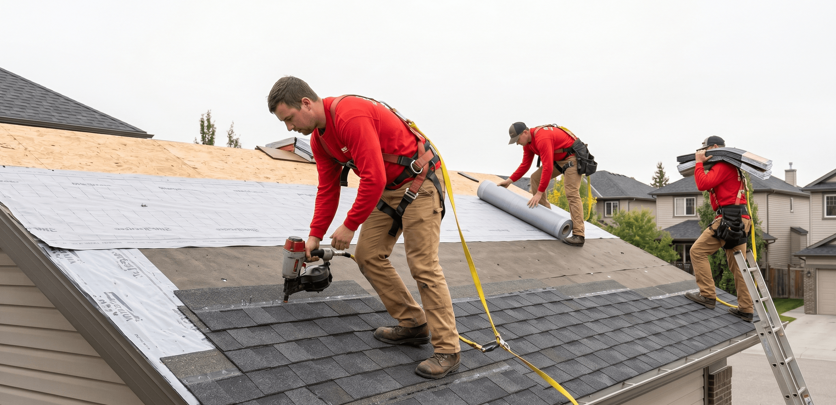 Good Roofing crew installing Class 4 impact-rated shingles on a Brentwood NW Calgary bungalow with a full attic