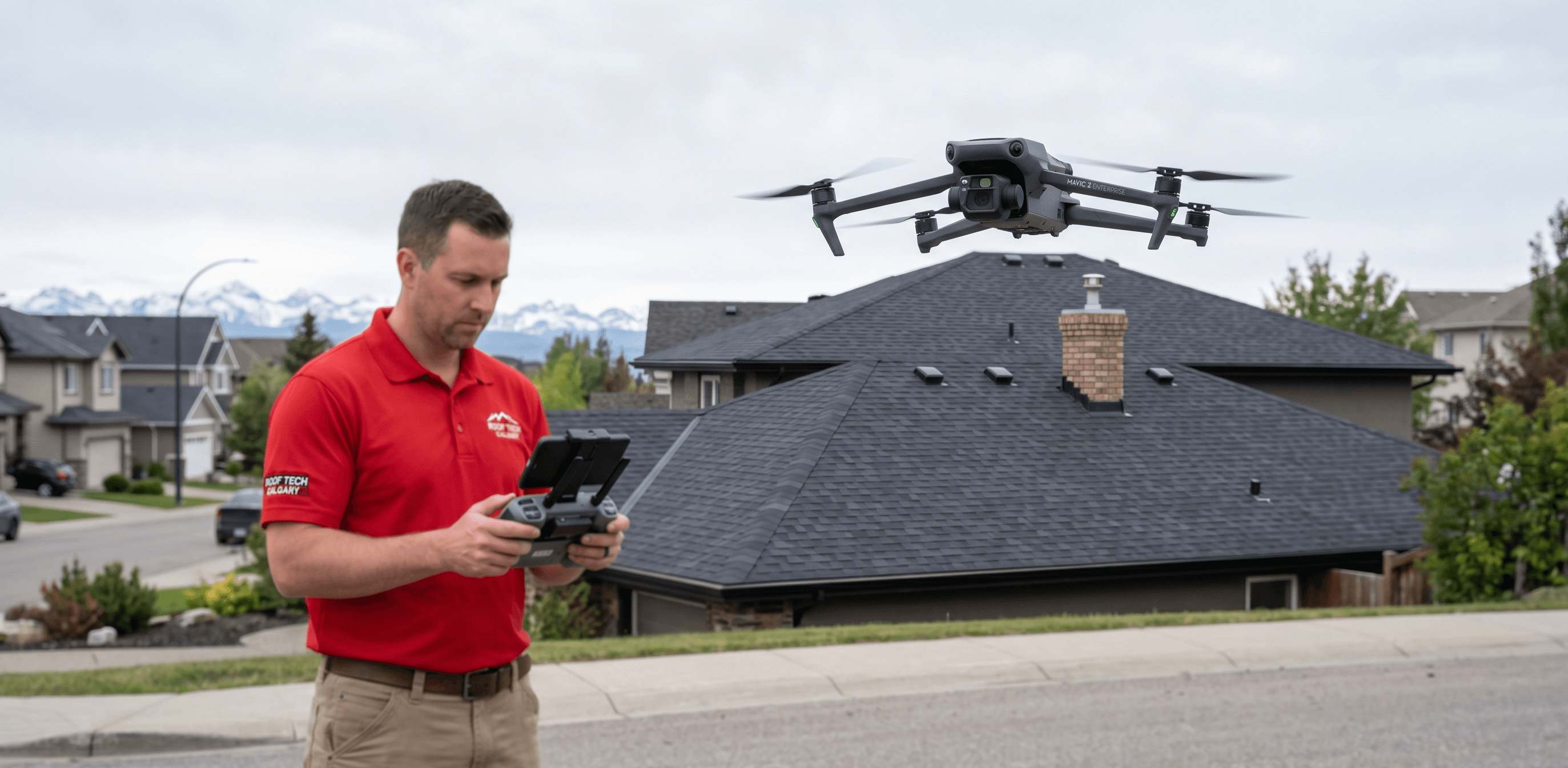 DJI drone hovering above a Calgary residential roof during a free Good Roofing inspection