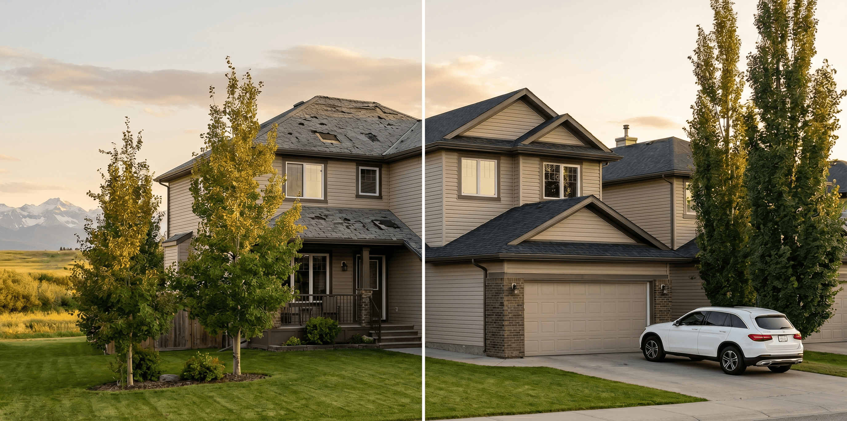 Side-by-side comparison: hail-damaged Calgary roof on the left, new Class 4 architectural shingle roof on the right
