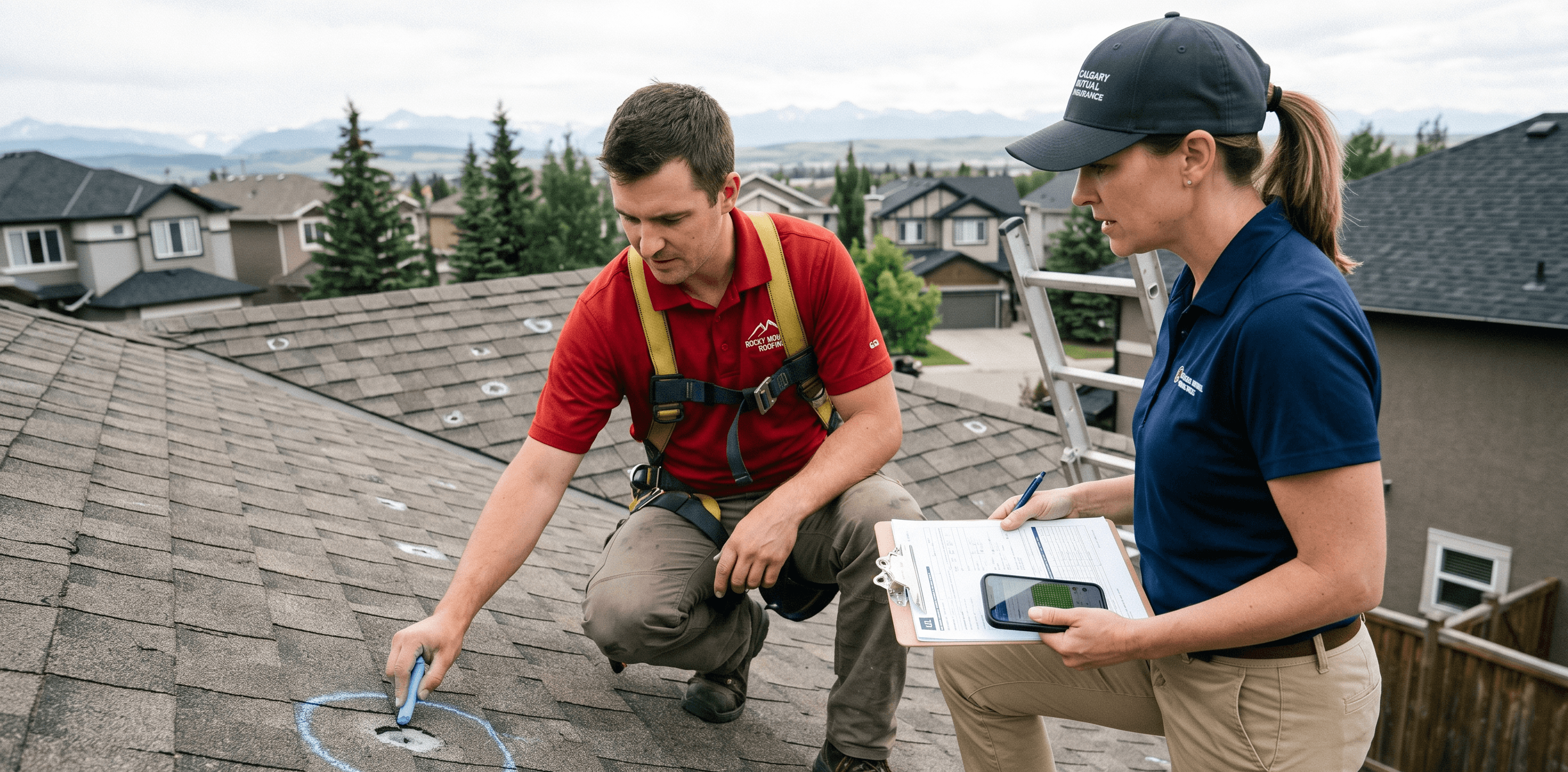 Good Roofing project lead meeting an insurance adjuster on a Calgary roof to document hail damage