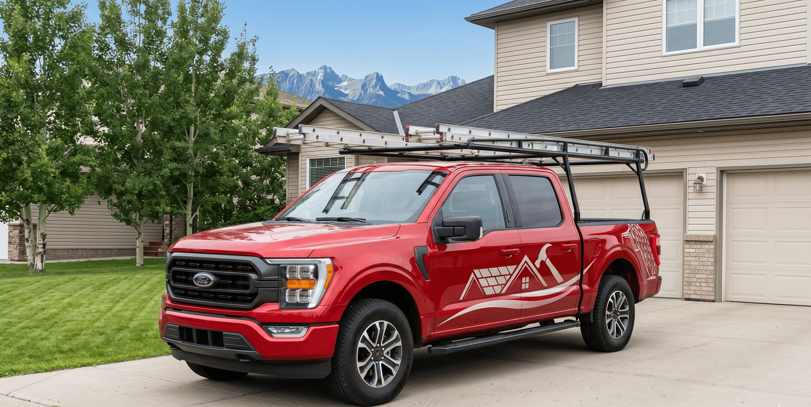 Good Roofing service truck parked outside a two-storey McKenzie Lake home in SE Calgary during a residential re-roof